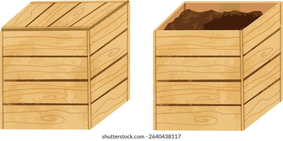 Vector of Closed Wooden Box and Open Wooden Box with Compost Soil
