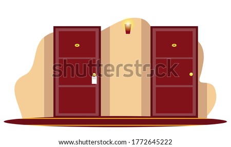Vector closed wooden numbered hotel room door in hallway with hanged burning glowing light bulb on wall. Luxury corridor interior design. Condominium accommodation indoor. Residential apartment