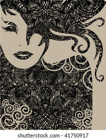 Vector closeup Decorative grunge portrait of woman with long hair (From my big "Vintage woman collection ")