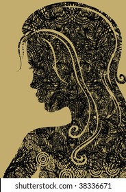 Vector closeup decorative vintage grunge woman with beautiful hair