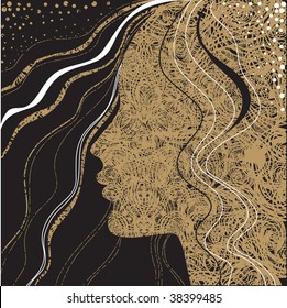 Vector Closeup decorative vintage grunge woman with beautiful hair