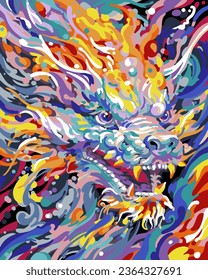 Vector close-up of dragon painting, dragon oil painting, very complex and colorful, rich in color and rich in detail, majestic Japanese dragon, 'dragon breathing fire' painted in bright watercolors,