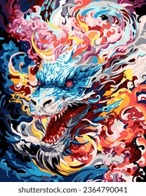 Vector close-up of dragon painting, dragon oil painting, very complex and colorful, rich in color and rich in detail, majestic Japanese dragon, 'dragon breathing fire' painted in bright watercolors