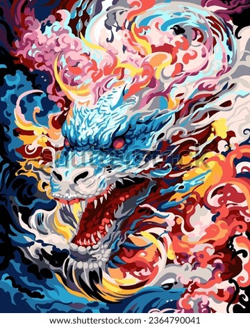 Vector close-up of dragon painting, dragon oil painting, very complex and colorful, rich in color and rich in detail, majestic Japanese dragon, 'dragon breathing fire' painted in bright watercolors