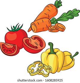 vector closeup image of sliced carrots, tomato and pepper