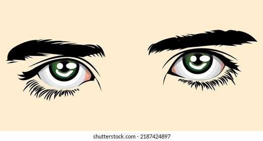 vector close-up of a pair of green eyes with thick black eyebrows and curled eyelashes