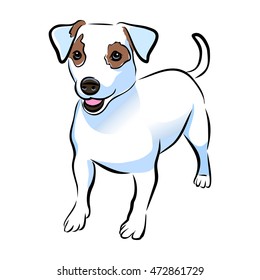 Vector Closeup Portrait Of Cute Jack Russel Terrier Breed Puppy Isolated On White Background. Shorthair Small-sized Little Terrier Dog. Hand Drawn Sweet Home Pet. Greeting Card Design. Clip Art