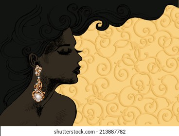 Vector closeup portrait of a girl with beautiful hair .Beautiful woman in expensive gold earrings