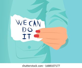 Vector closeup of a woman showing a piece of paper with the text we can do it written on it