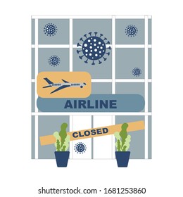 Vector Closing airlne, air company and everyone to quarantine Coronavirus concept. Airline building with plate closed, coronavirus sign. Coronavirus concept Novel coronavirus 2019-nCoV, covid-19
