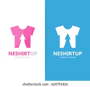 Vector of cloth and arrow up logo combination. Shirt and growth symbol or icon. Unique fashion and garment logotype design template.