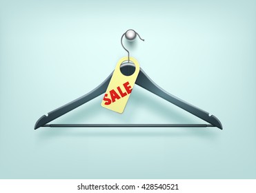 Vector Clothes Coat Blue Black Plastic Hanger with Sale Tag Label Close Up Isolated on Background