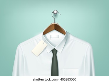 Vector Clothes Coat Brown Wooden Hanger with White Shirt and Black Tie with Blank Tag Label Close Up Isolated on Background