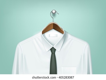 Vector Clothes Coat Brown Wooden Hanger with White Shirt and Black Tie Close Up Isolated on Background