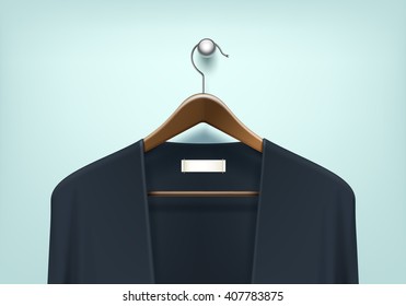 Vector Clothes Coat Brown Wooden Hanger with Blue Black Sweater Cardigan Jumper with Blank Tag Label Close Up Isolated on Background