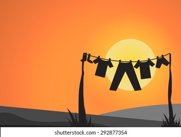 Vector : Clothes and line with sun before sunset