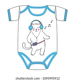 Vector clothes for newborn of dancing white fat cat with old cassette player in 80th or 90th style, headphones, kitten with closed eyes, card, poster, can be used as fashion print for t shirt, music l