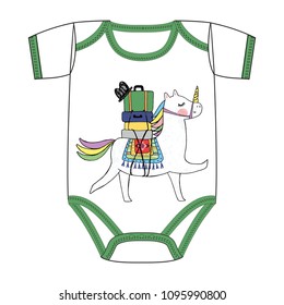 Vector clothes for newborn  of hand drawn cute unicorn with suitcases, stickerpack on bags, artwork, mexican or indian ethnic patterned poncho, boho chic style, fairy tale
