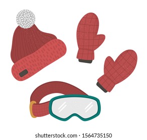 Vector clothes set for winter sport activities. Collection of clothing items for cold weather. Flat illustration of warm hat, gloves, glasses for snowboarding, skiing, skating.