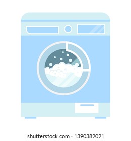 Vector clothes washer machine with foam and bubbles illustration isolated on white background. Home appliance laundry machine icon in blue colors. Flat cartoon style sign image.
