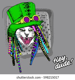 Vector clothing cat in goggles and hat. Cat with peruke. Steampunk animal. 