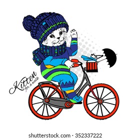 Vector  clothing cat with red scooter. Entertainment cat boy. Kitten on a walk. Mouse with umbrella.