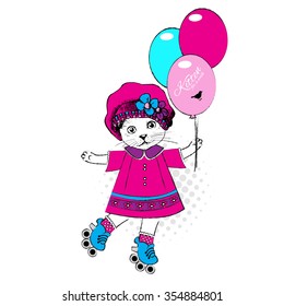 Vector  clothing cat with roller-skates.Kitten in pink hat with flowers and scarf. Kitten for a  walk.