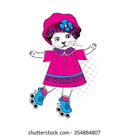 Vector  clothing cat with roller-skates.Kitten in pink hat with flowers and scarf. Kitten for a  walk.