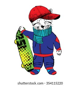 Vector clothing cat with skate. Kitten in a red cap and blue scarf. Skaterborder, sportsman.