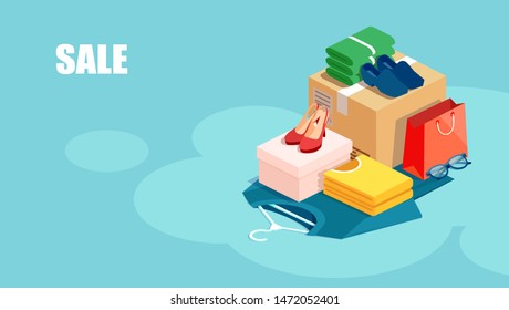 Vector of clothing, fashion accessories at promotional price. Shop sale advertisement banner concept 