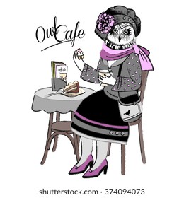 Vector clothing owl in cafe. Owl cafe. Owl in grey baret with cake and coffee.