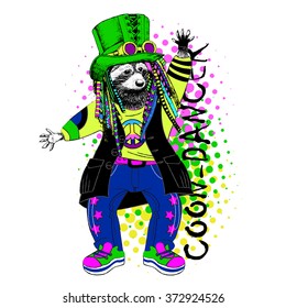 Vector clothing  raccon in goggles and hat. Raccoon with peruke. Coon - dancer.