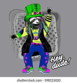 Vector clothing raccon in goggles and hat. Raccoon with peruke. Coon - dancer. Steampunk animal. 