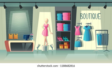 Vector clothing shop interior - wardrobe with woman clothes, cartoon mannequin and stuff on hangers. Cashbox with table inside boutique, dress collection. Fashion store with illumination in mall.