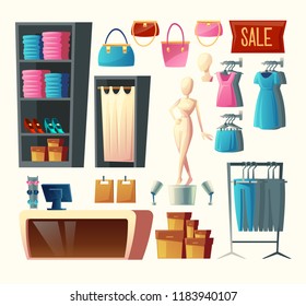 Vector clothing shop set - wardrobe with clothes, dressing room and other elements isolated on white background. Cartoon mannequin, cashbox with table and stuff on hangers. Fashion boutique collection