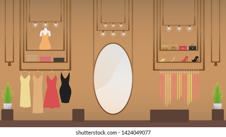 
Vector clothing shop.  Wardrobe and mannequin with woman clothes. Women's clothing store. Women's stuff on hangers. Vector illustration