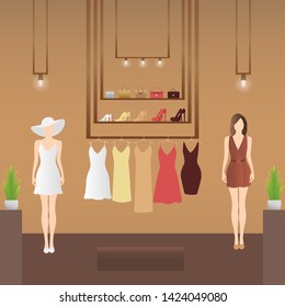 
Vector clothing shop.  Wardrobe and mannequin with woman clothes. Women's clothing store. Women's stuff on hangers. Vector illustration