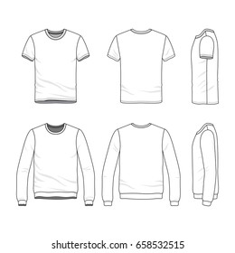 Vector clothing templates. Blank t-shirt and sweatshirt. Fashion set of sportswear. Line art illustration.