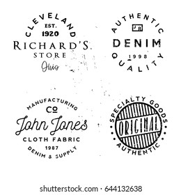 Vector clothing theme badges. Authentic denim, cloth fabric and other apparel related phrases in logos. Typography and rough style