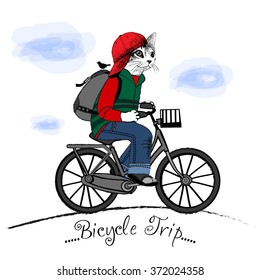 Vector clothing white cat with bicycle. Bicycle trip. Teen cat in red cap with backpack and bird.