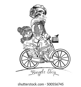 Vector clothing white cats with bicycle. Bicycle trip. Hand drawn illustration of dressed cats. White and black.