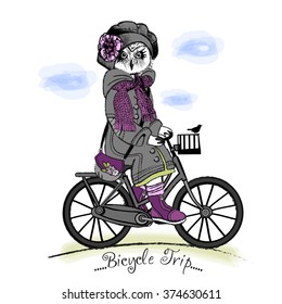 Vector clothing white owl with bicycle. Owl girl in a gray beret and violet scarf. Bicycle trip.