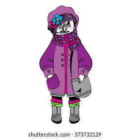 Vector clothing white owl with grey handbag, violet beret and pink scarf.
