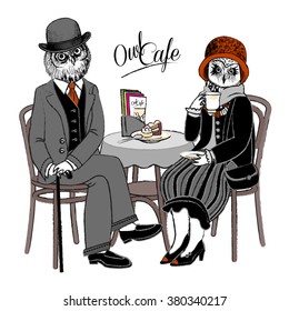 Vector clothing white owls in cafe. Owls with coffee and cake.