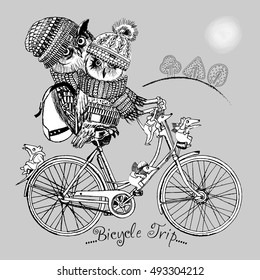 Vector clothing white owls and mouse on bicycle. Hand drawn illustration of dressed white owls and mouse. 