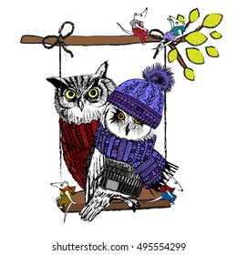 Vector clothing white owls and mouse on a swing. Hand drawn illustration of dressed owls and mouse. 