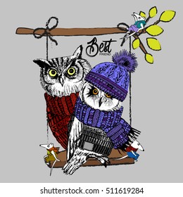 Vector clothing white owls and mouse on a swing. Hand drawn illustration of dressed owls and mouse. 2