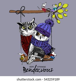 Vector clothing white owls and mouse on a swing. Hand drawn illustration of dressed owls and mouse.
