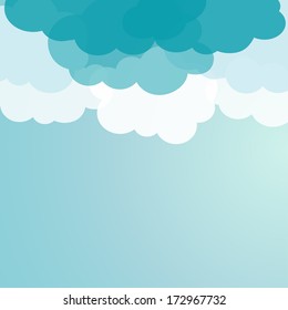 Vector cloud background. Cartoon white clouds on blue sky for design.