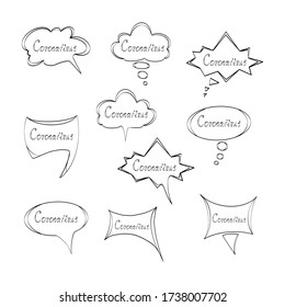 Vector cloud banner with text. Thoughts and words above the character’s head. Different shapes, transparent outline mode isolated